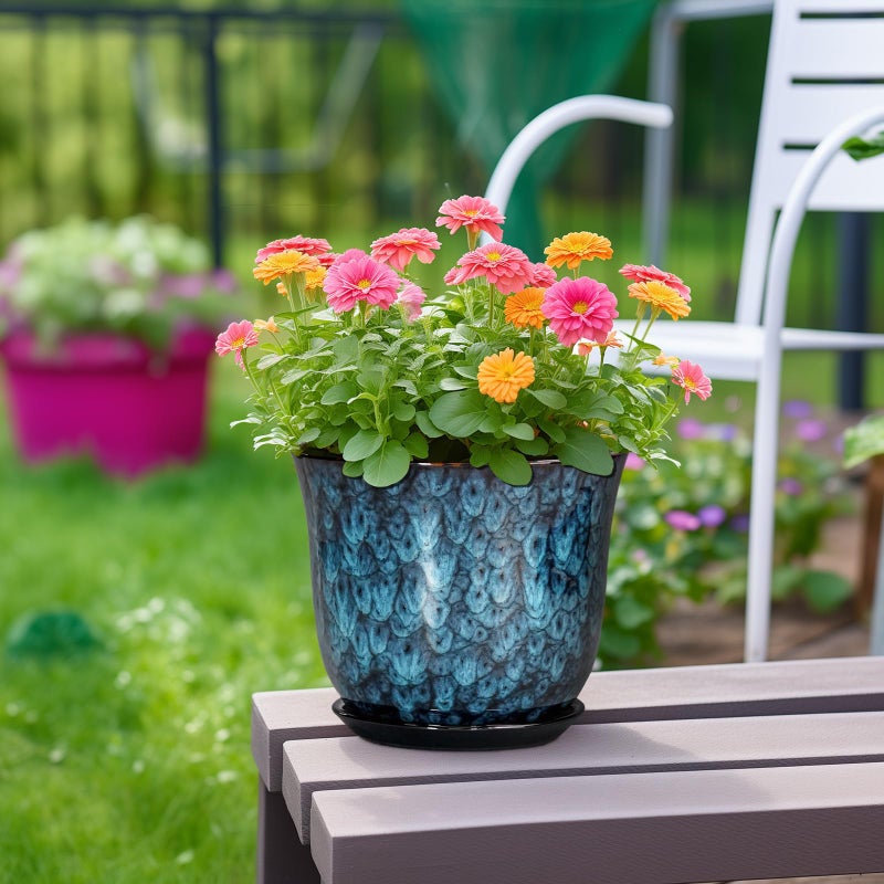 SUNPOTFOR 8 Inch Plant Pot - Ceramic Planter for Indoor Outdoor, Round Planter with Drainage Hole and Saucer, Modern Planters, Flower Pots, Apartment Porch Room Home Decor, Gardening Gifts, Blue - Image 4