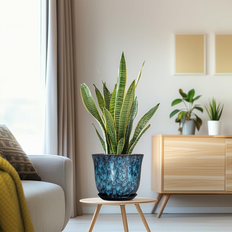 SUNPOTFOR 8 Inch Plant Pot - Ceramic Planter for Indoor Outdoor, Round Planter with Drainage Hole and Saucer, Modern Planters, Flower Pots, Apartment Porch Room Home Decor, Gardening Gifts, Blue - Image 5