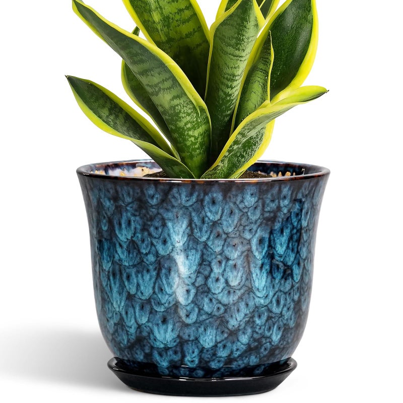 SUNPOTFOR 8 Inch Plant Pot - Ceramic Planter for Indoor Outdoor, Round Planter with Drainage Hole and Saucer, Modern Planters, Flower Pots, Apartment Porch Room Home Decor, Gardening Gifts, Blue - Image 1
