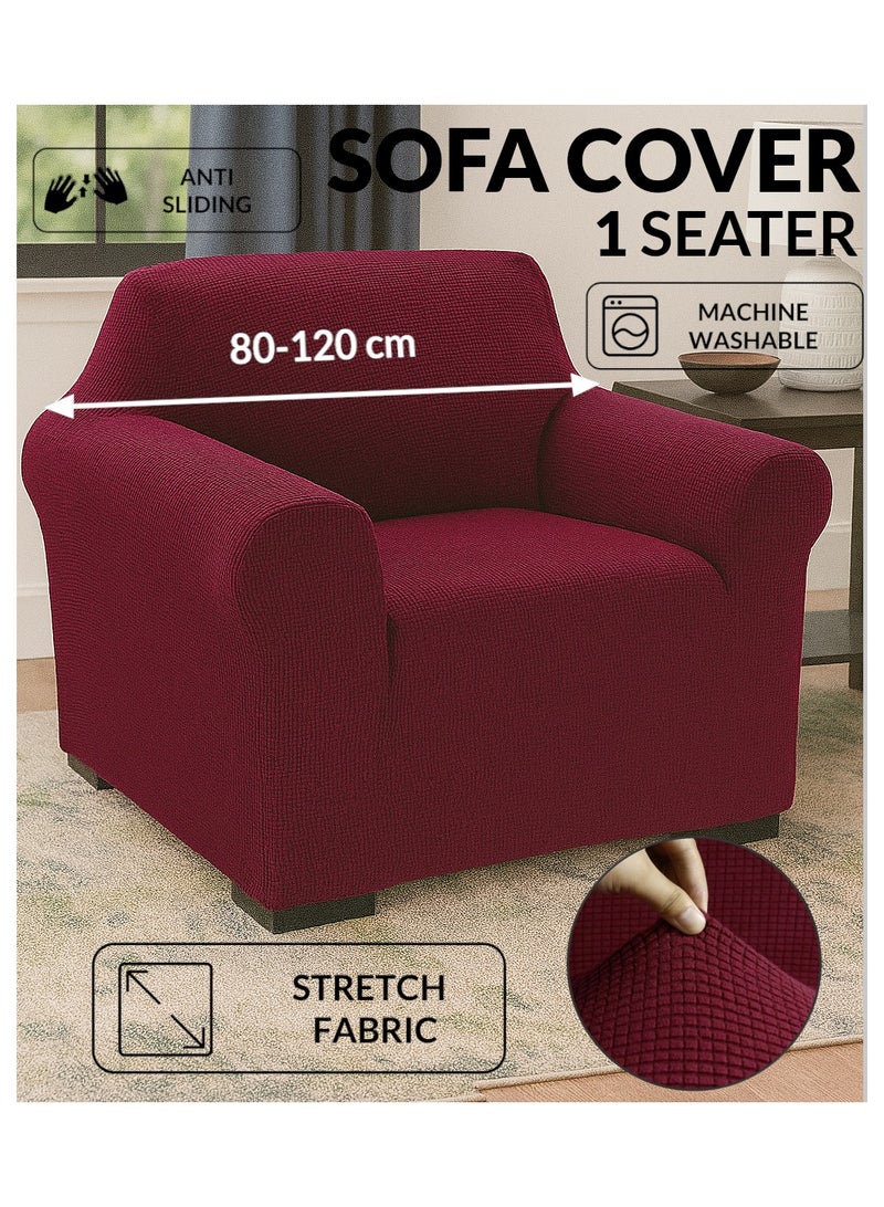 Fabienne High Stretch 1 Seater Sofa Cover Soft Brushed Fabric Couch Cover Exquisitely Full Coverage Furniture Protector Slipcover One Seater Fits on Standard and Recliner Sofa 80-120cm Size Burgundy - Image 1