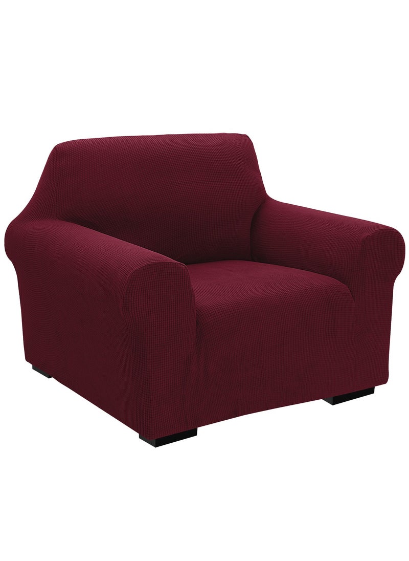 Fabienne High Stretch 1 Seater Sofa Cover Soft Brushed Fabric Couch Cover Exquisitely Full Coverage Furniture Protector Slipcover One Seater Fits on Standard and Recliner Sofa 80-120cm Size Burgundy  - Image 1
