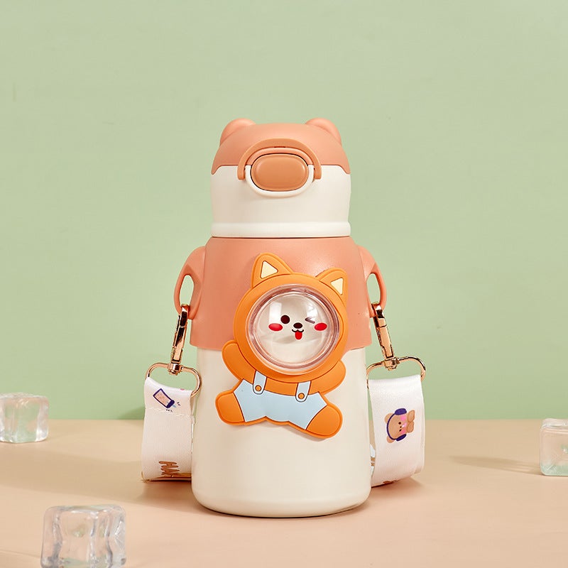 Fun Bear Doll DIY Cartoon 316 Stainless Steel Childrens Thermos Cup Sling Strap Portable Straw Cup Orange (Generation Fun Thermos)