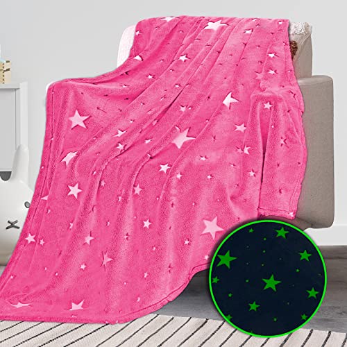 REXEO Glow in The Dark Blanket for Kids Unique Birthday Gifts for Girls Boys Teens Soft Cozy Warm Fuzzy Cute Throw Blanket All Seasons Pink Glowing Stars Blankets for Couch Sofa Bed 50"×60" - Image 1