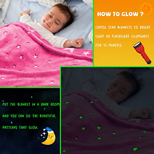 REXEO Glow in The Dark Blanket for Kids Unique Birthday Gifts for Girls Boys Teens Soft Cozy Warm Fuzzy Cute Throw Blanket All Seasons Pink Glowing Stars Blankets for Couch Sofa Bed 50"×60" - Image 3