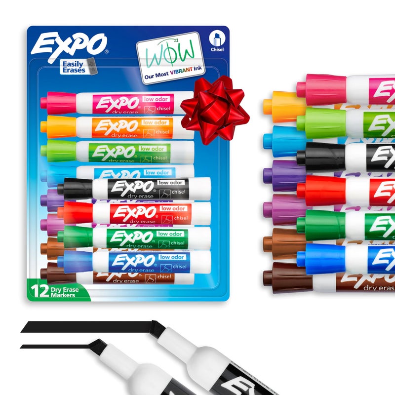 EXPO Dry Erase Markers, Low Odor Ink, Assorted Colors, Chisel Tip, 12 Count - Easily Erases, Vibrant Ink, Ideal for Classroom, Back to School Supplies, Teachers, Office, Whiteboard & Home - Image 1