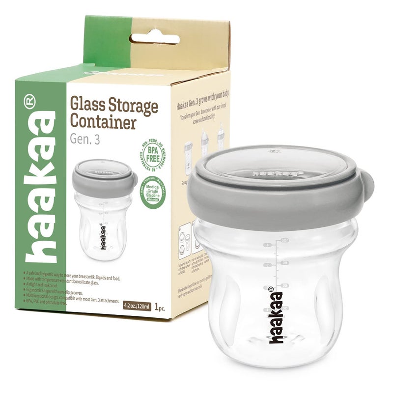 haakaa Breastmilk Storage Container Glass Baby Food Jar- Baby Food Storage Containers Leakproof Lid, Gen.3 Baby Bottle, Microwave and Freezer-Friendly,BPA-Free(Grey, 4.2oz/120ml, 1 pc) - Image 1