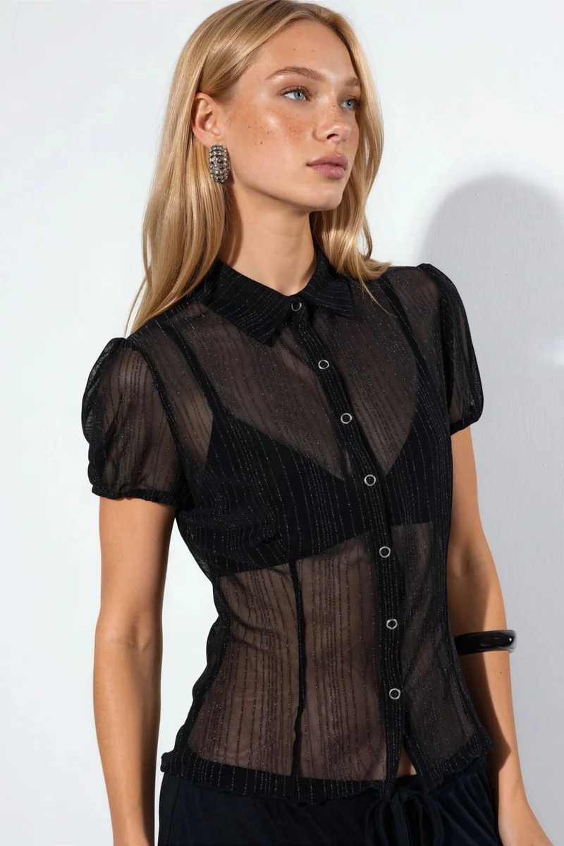 بوسيم BUSEM Women’s Solid Net Weave Short-Sleeve Shirt