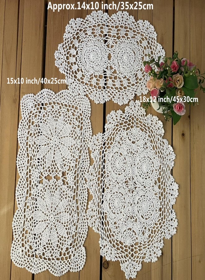 MINDPLUS Set of 3 Cotton Hand Crochet Lace Doily Placemats Oval Rectangle Dresser Scarves Coffee Table Runner Farmhouse Boho Decor (White) - Image 2