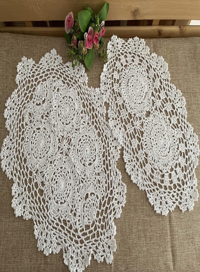 MINDPLUS Set of 3 Cotton Hand Crochet Lace Doily Placemats Oval Rectangle Dresser Scarves Coffee Table Runner Farmhouse Boho Decor (White) - Image 3