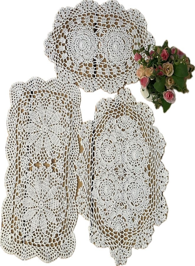 MINDPLUS Set of 3 Cotton Hand Crochet Lace Doily Placemats Oval Rectangle Dresser Scarves Coffee Table Runner Farmhouse Boho Decor (White) - Image 1