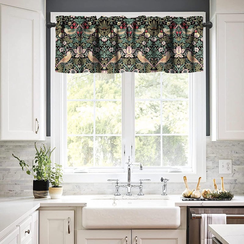 YCness William Morris Kitchen Valance,Retro Flower Strawberry Thief Floral Printed Small Window Treatments for Kitchen Living Room Bathroom Cafe Decor Rod Pocket Vintage Valances 54x18 Inch, 1 Panel - Image 3