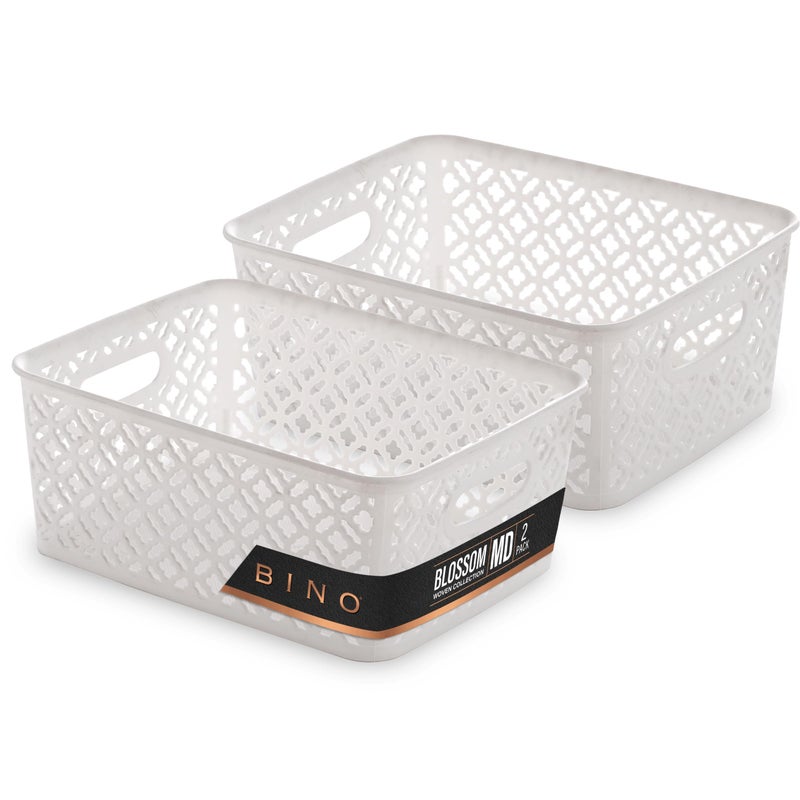 BINO l Plastic Storage Baskets, Medium - White | THE BLOSSOM COLLECTION l Multi-Use Organizer Bin l Built-in Handles l Plastic Woven Basket for Organizing l Pantry & Home Organizing Basket - Image 1