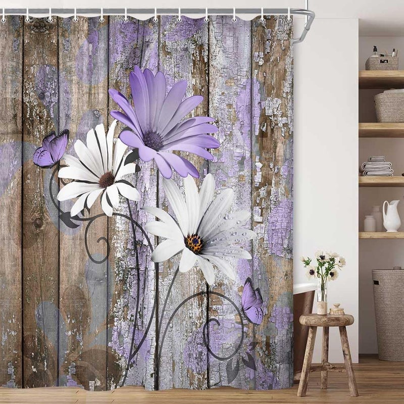 JAWO Farmhouse Flower Floral Shower Curtain  Rustic Purple Daisy Shower Curtain Set  Country Purple Wild Garden Plant Fabric Shower Curtain with Hooks  Brown Wooden Board Bathroom Curtain  60x70inch - Image 1