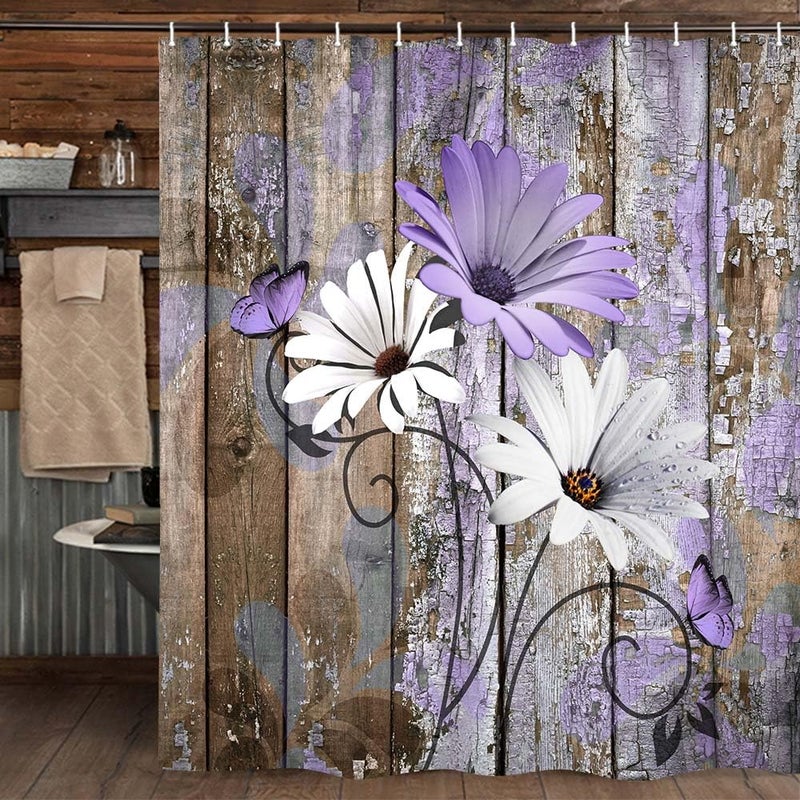 JAWO Farmhouse Flower Floral Shower Curtain  Rustic Purple Daisy Shower Curtain Set  Country Purple Wild Garden Plant Fabric Shower Curtain with Hooks  Brown Wooden Board Bathroom Curtain  60x70inch - Image 2
