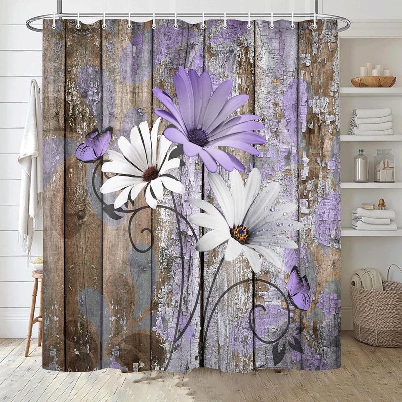 JAWO Farmhouse Flower Floral Shower Curtain  Rustic Purple Daisy Shower Curtain Set  Country Purple Wild Garden Plant Fabric Shower Curtain with Hooks  Brown Wooden Board Bathroom Curtain  60x70inch - Image 5
