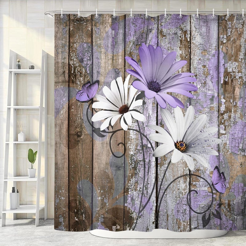 JAWO Farmhouse Flower Floral Shower Curtain  Rustic Purple Daisy Shower Curtain Set  Country Purple Wild Garden Plant Fabric Shower Curtain with Hooks  Brown Wooden Board Bathroom Curtain  60x70inch - Image 3