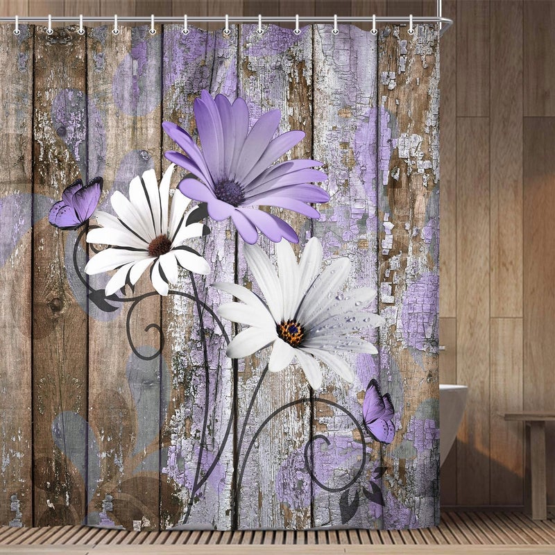 JAWO Farmhouse Flower Floral Shower Curtain  Rustic Purple Daisy Shower Curtain Set  Country Purple Wild Garden Plant Fabric Shower Curtain with Hooks  Brown Wooden Board Bathroom Curtain  60x70inch - Image 4
