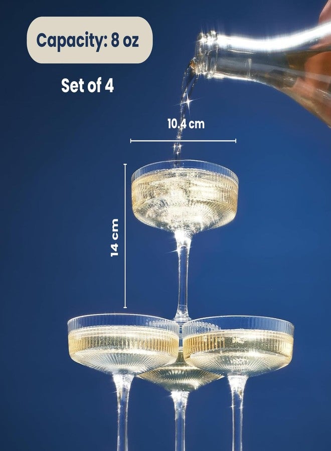 Khen أكواب كين المضلعة بتصميم آرت ديكو عتيق - أكواب مارتيني، شمبانيا، وكوكتيل مضلعة سعة 8 أونصة | أطقم زجاج كريستالية أنيقة - أكواب زجاجية مضلعة بساق، هدايا زجاجية لتدفئة المنزل، شفافة، 4 قطع - Image 4