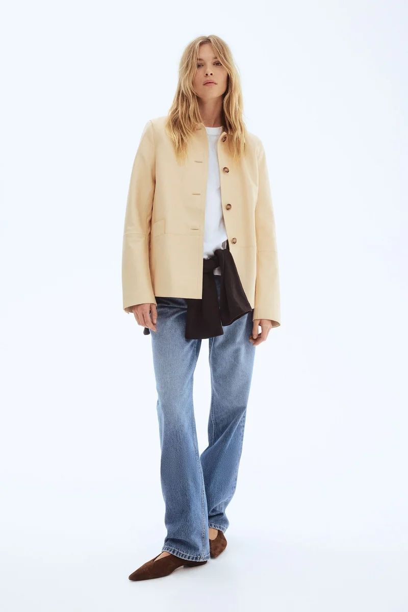 اتش اند ام جاكيت جلد بياقة