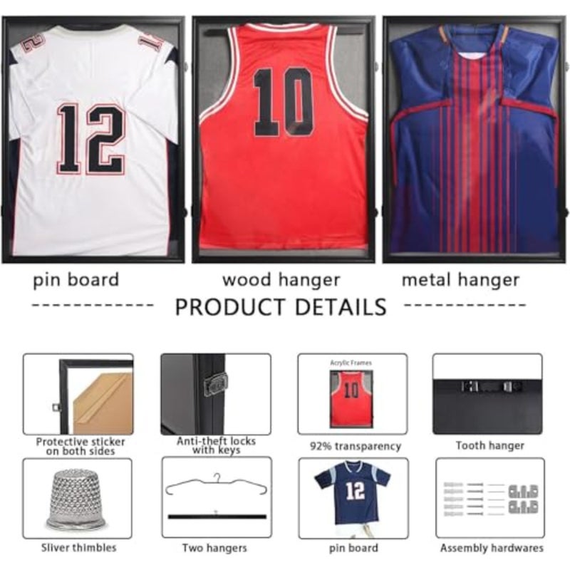 Jersey Frame Display Case Large Lockable Sports Jersey Frame Shadow Box with 98% Uv Protected Acrylic and Hanger for Baseball Basketball Football Soccer Hockey Linen Black 80*60CM - Image 4