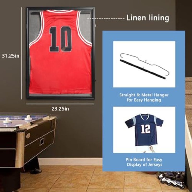 Jersey Frame Display Case Large Lockable Sports Jersey Frame Shadow Box with 98% Uv Protected Acrylic and Hanger for Baseball Basketball Football Soccer Hockey Linen Black 80*60CM - Image 2