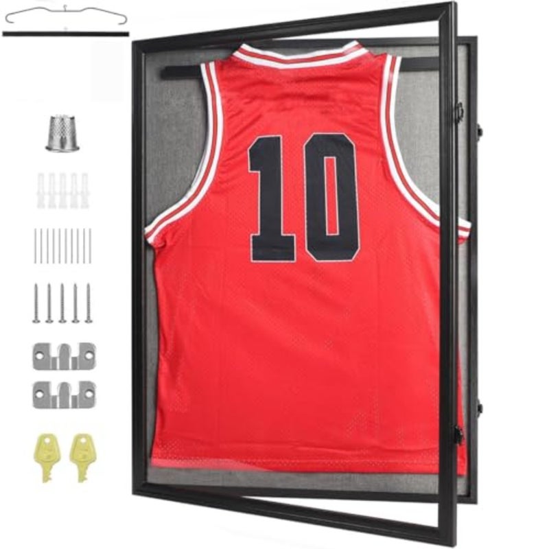 Jersey Frame Display Case Large Lockable Sports Jersey Frame Shadow Box with 98% Uv Protected Acrylic and Hanger for Baseball Basketball Football Soccer Hockey Linen Black 80*60CM - Image 1