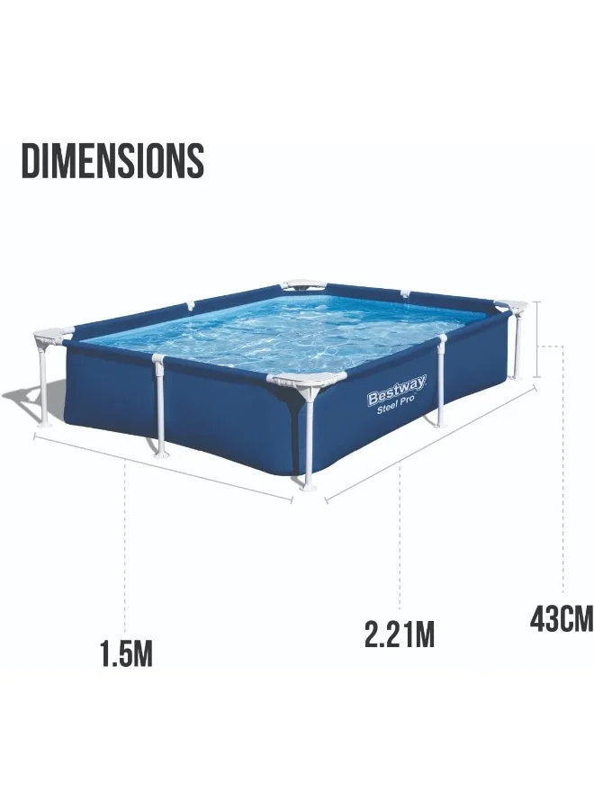 بست واي 56401 Steel Pro Pool | Swimming Pool, Rectangle Above Ground Fast Set Pool, Childrenâ€™s Detachable Pool, Multiple Sizes, Blue, 221 x 150 x 43 cm 221x150x43سم