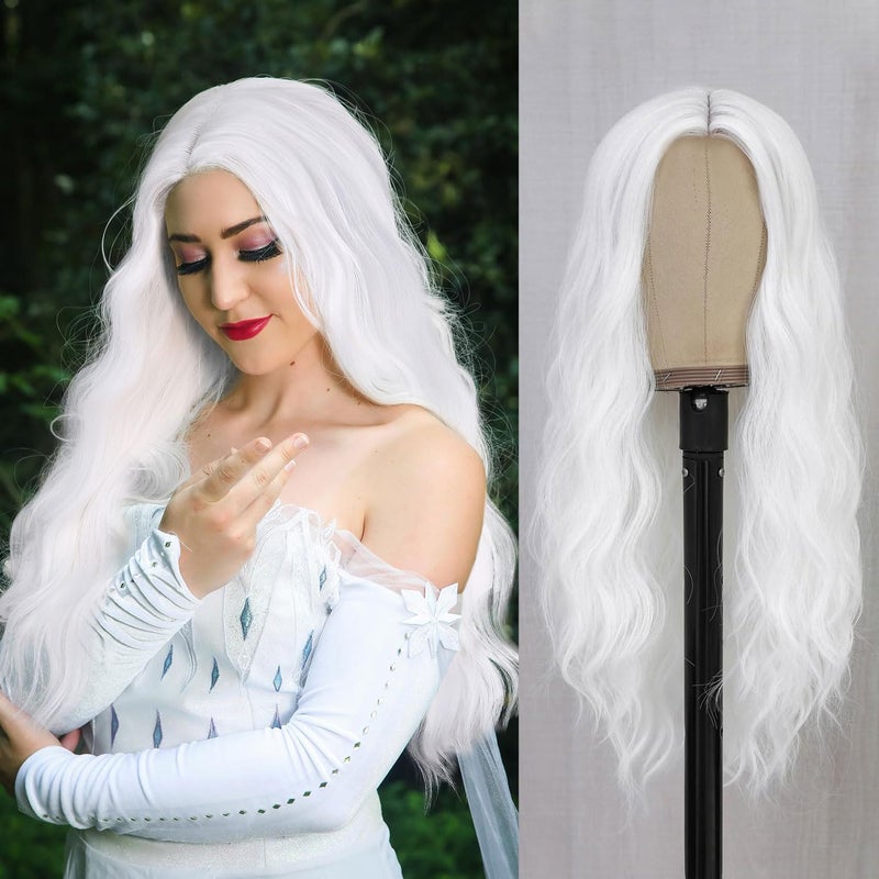 Fancy Hair Long White Wigs for Women White Long Curly Wavy Wig Middle Part Synthetic Wig White Wig for Daily Halloween Cosplay 24 Inches