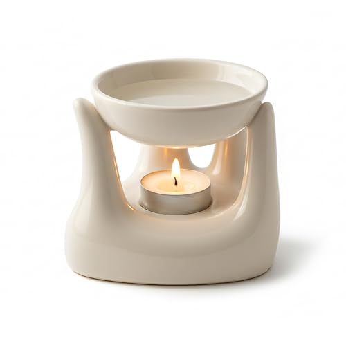 Floryn Decor Ceramic Aroma Oil Diffuser Burner for Home Fragrance | Hand Shaped Essential Oil Burner with Tealight Candle | 90ml Capacity Aromatherapy Diffuser for Home Decor & Relaxation (Cream) - Image 1
