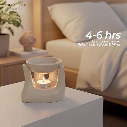 Floryn Decor Ceramic Aroma Oil Diffuser Burner for Home Fragrance | Hand Shaped Essential Oil Burner with Tealight Candle | 90ml Capacity Aromatherapy Diffuser for Home Decor & Relaxation (Cream) - Image 5