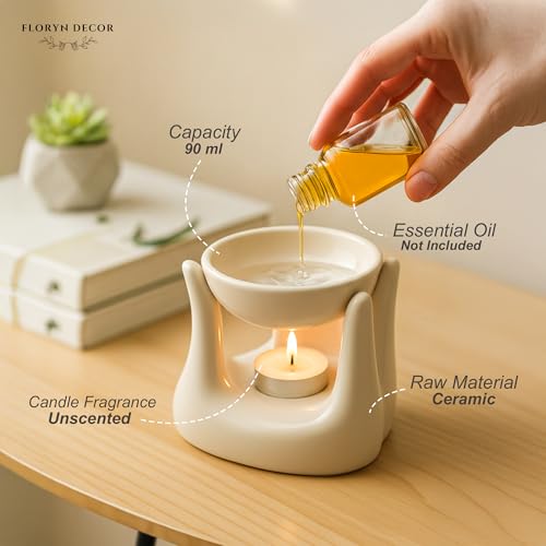 Floryn Decor Ceramic Aroma Oil Diffuser Burner for Home Fragrance | Hand Shaped Essential Oil Burner with Tealight Candle | 90ml Capacity Aromatherapy Diffuser for Home Decor & Relaxation (Cream) - Image 3