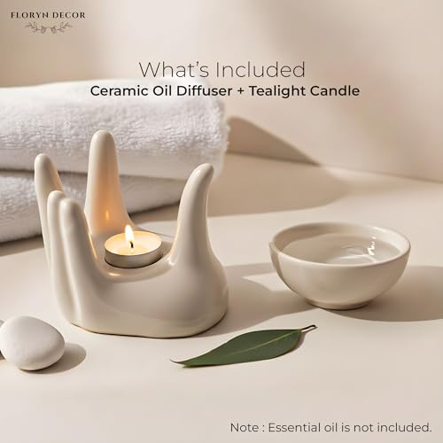 Floryn Decor Ceramic Aroma Oil Diffuser Burner for Home Fragrance | Hand Shaped Essential Oil Burner with Tealight Candle | 90ml Capacity Aromatherapy Diffuser for Home Decor & Relaxation (Cream) - Image 4