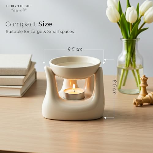 Floryn Decor Ceramic Aroma Oil Diffuser Burner for Home Fragrance | Hand Shaped Essential Oil Burner with Tealight Candle | 90ml Capacity Aromatherapy Diffuser for Home Decor & Relaxation (Cream) - Image 2