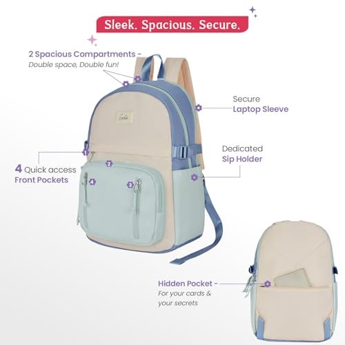 Genie Lit Casual Backpack For Girls|17 Inch-18 Litres With laptop Compartment, Back pocket, Side Pockets with Padded Shoulders|Best for Laptop, Water Bottles, Stationery & all Essentials-Grey Blue - Image 3