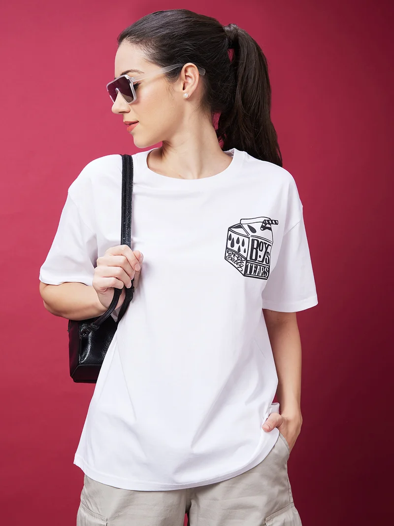 Women White Graphic Printed Oversized Drop-Shoulder Sleeves Pure Cotton Boxy T-Shirt