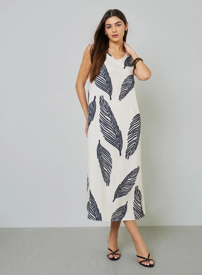 Beige Leaf Print Sleeveless A-Line Midi Dress