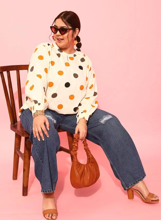 STREET 9 Plus Size Polka Dots Print Balloon Sleeve Top