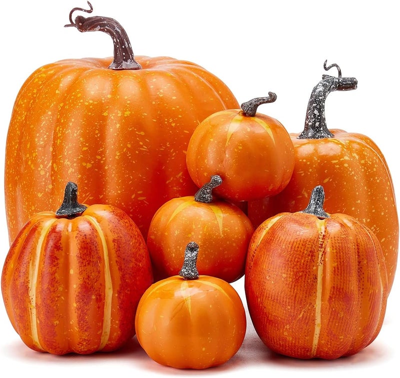 Zensounding Halloween Autumn Harvest Festival 7 Artificial Pumpkins of Various Styles Decorate Rural Style Farmhouses Foam Pumpkins Thanksgiving Dinner Party Home Festival Autumn Decoration (Orange) - Image 1
