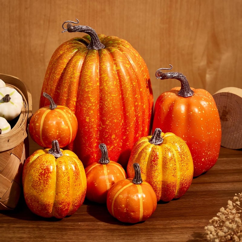 Zensounding Halloween Autumn Harvest Festival 7 Artificial Pumpkins of Various Styles Decorate Rural Style Farmhouses Foam Pumpkins Thanksgiving Dinner Party Home Festival Autumn Decoration (Orange) - Image 5