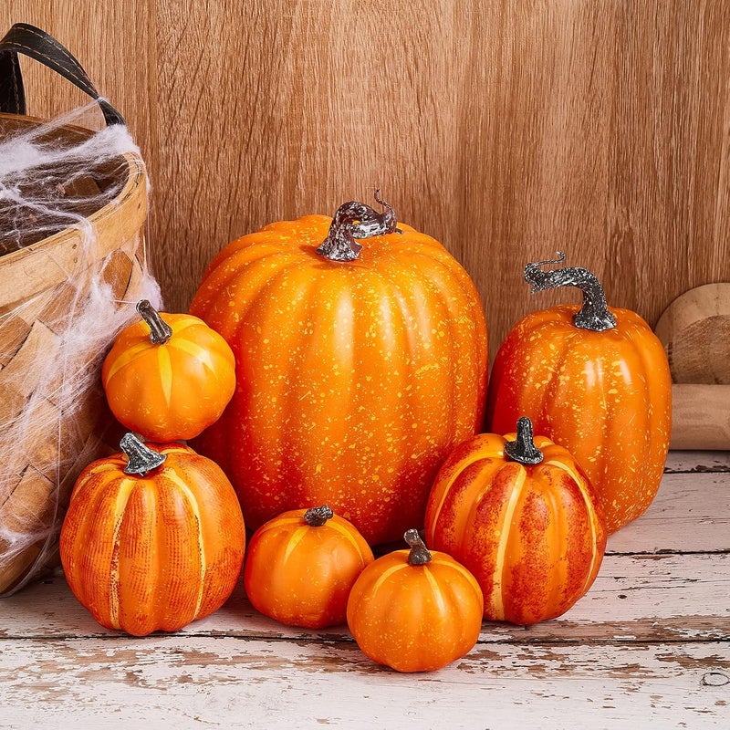 Zensounding Halloween Autumn Harvest Festival 7 Artificial Pumpkins of Various Styles Decorate Rural Style Farmhouses Foam Pumpkins Thanksgiving Dinner Party Home Festival Autumn Decoration (Orange) - Image 2