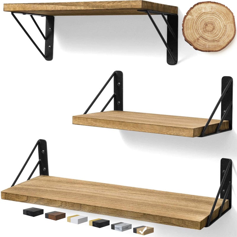 BAYKA Wall Shelves for Bedroom Decor Floating Wall Shelves for Living Room Kitchen Storage Wall Mounted Rustic Wood Floating Shelves for Kids Books Corner Shelves for BathroomBrownSet of 3