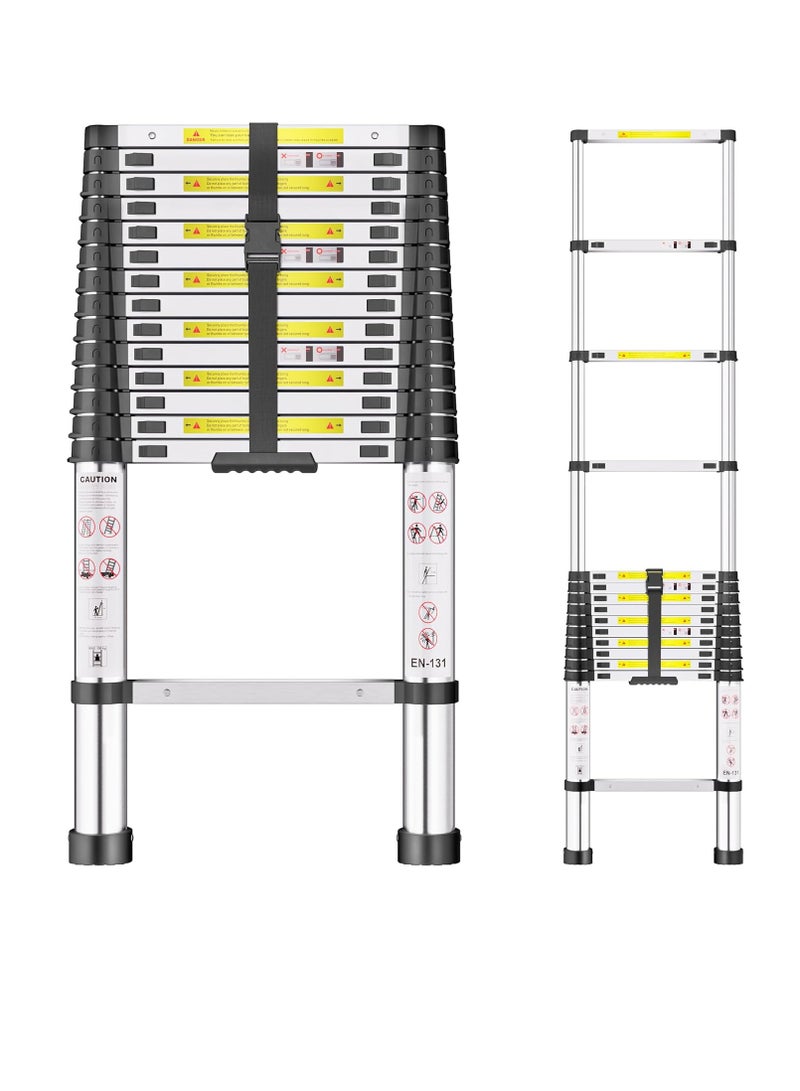 4.4m Heavy Duty Stainless Steel Telescopic Ladder, Loft Ladder with Non-Slip Feet, Portable Extendable Ladder, Adjustable Height Folding Ladder for Roof and Attic Caravans - Image 1