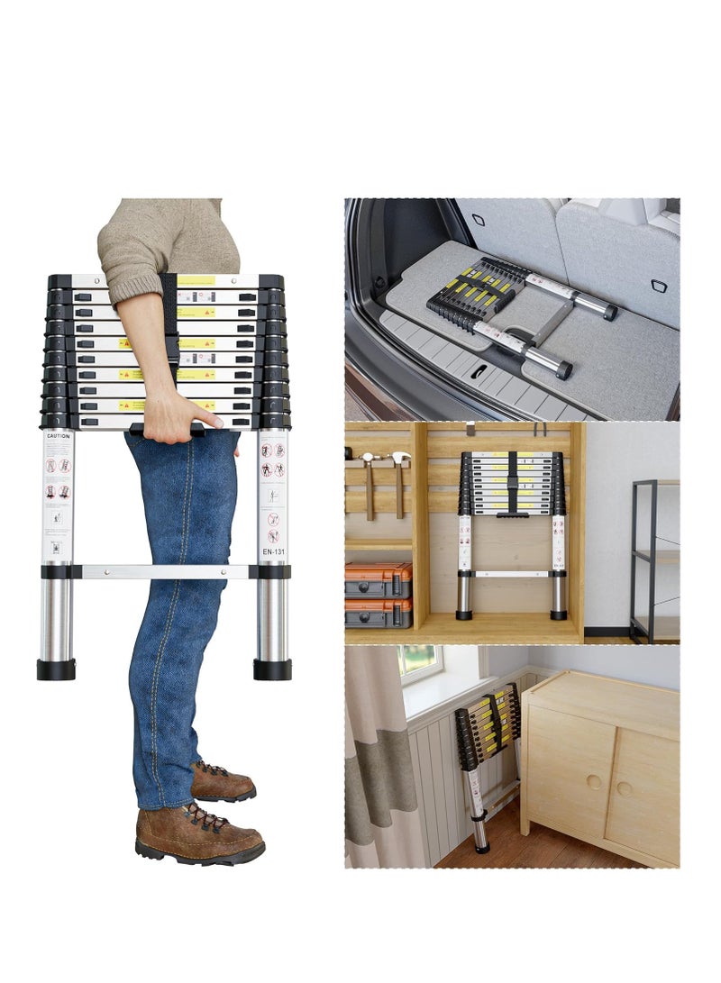 4.4m Heavy Duty Stainless Steel Telescopic Ladder, Loft Ladder with Non-Slip Feet, Portable Extendable Ladder, Adjustable Height Folding Ladder for Roof and Attic Caravans - Image 4