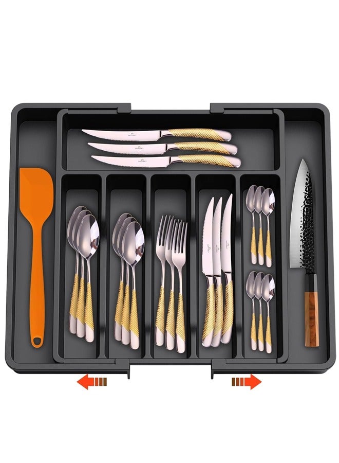 Silverware Drawer Organizer, Expandable Cutlery Organizer, Adjustable Kitchen Cutlery Organizer Large Capacity Cutlery Organizer and Storage Cutlery Tray for Spoon Fork and Knife (Black)  - Image 1