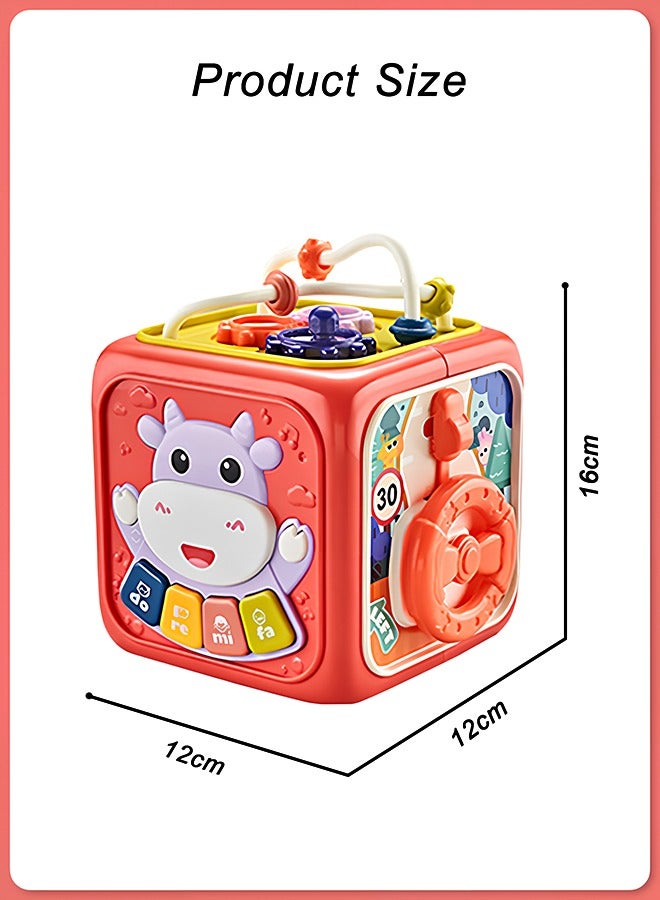كويفلوكس لعبة تعليمية مبكرة للأطفال 6 في 1، مكعب أنشطة متعدد الوظائف، لعبة تعليمية حسية للأطفال، ألعاب تعليمية للرضع والأطفال الصغار مزودة بأضواء وأصوات وساعة، ألعاب تعليمية مناسبة لتنمية مهارات الأطفال العملية وتدريبهم عليها، لون أحمر - Image 2