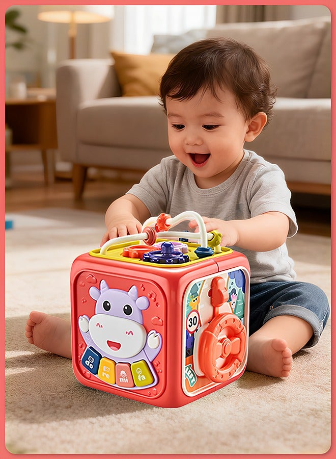 كويفلوكس لعبة تعليمية مبكرة للأطفال 6 في 1، مكعب أنشطة متعدد الوظائف، لعبة تعليمية حسية للأطفال، ألعاب تعليمية للرضع والأطفال الصغار مزودة بأضواء وأصوات وساعة، ألعاب تعليمية مناسبة لتنمية مهارات الأطفال العملية وتدريبهم عليها، لون أحمر - Image 3