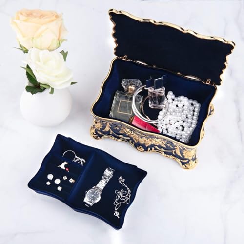 Feyarl Vintage Two Layers Rectangle Trinket Jewelry Box Ornate Ring Earrings Treasure Case Keepsake Box Organizer for Birthday Woman Girl Gift Home Dresser Decor (Blue) 7.1 x 4.7 x 3.1 inches - Image 2