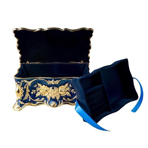 Feyarl Vintage Two Layers Rectangle Trinket Jewelry Box Ornate Ring Earrings Treasure Case Keepsake Box Organizer for Birthday Woman Girl Gift Home Dresser Decor (Blue) 7.1 x 4.7 x 3.1 inches - Image 3