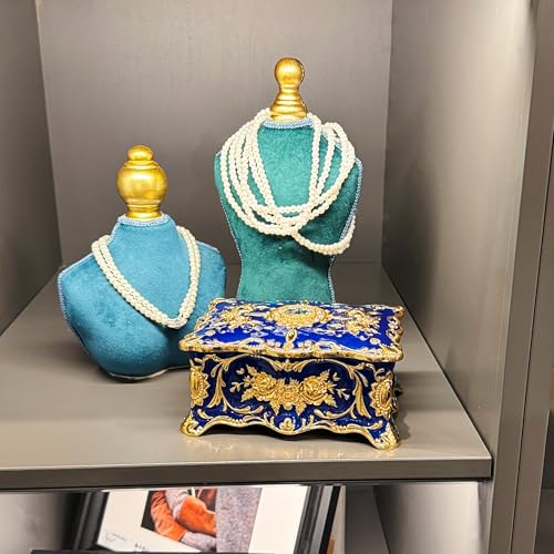 Feyarl Vintage Two Layers Rectangle Trinket Jewelry Box Ornate Ring Earrings Treasure Case Keepsake Box Organizer for Birthday Woman Girl Gift Home Dresser Decor (Blue) 7.1 x 4.7 x 3.1 inches - Image 4