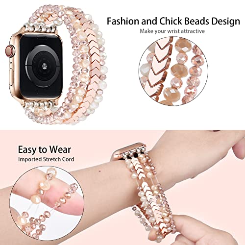 MOFREE Beaded Bracelet Compatible with Apple Watch Band 42mm/44mm/45mm/49mm/46mm Series 11/10/9/8/7/SE/6/5/4/3/2/1 Women Fashion Handmade Elastic Stretch Strap for iWatch Bands for Women Rose Gold - Image 3